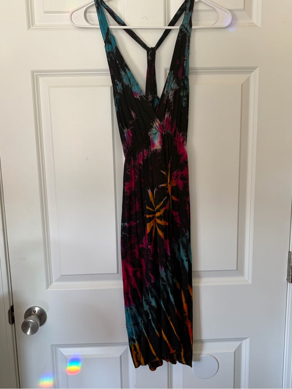 Tie-Dye V-Neck Midi Dress in Black with Teal & Fuchsia